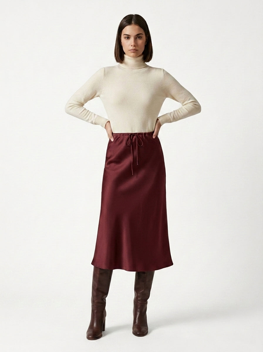 LadyLuxury | Elegant High-Waist Satin Maxi Skirt with Lace - Up Detail