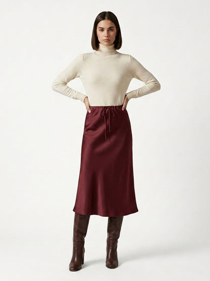 LadyLuxury | Elegant High-Waist Satin Maxi Skirt with Lace - Up Detail