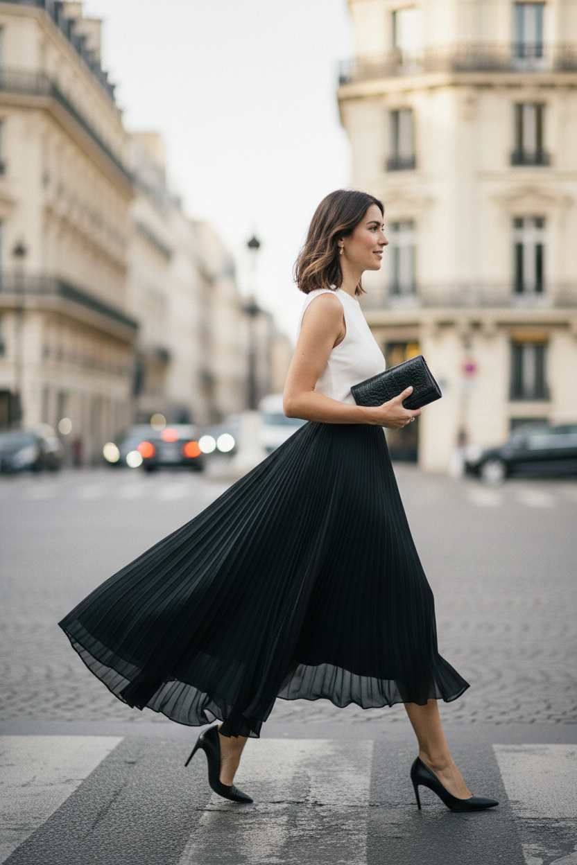 Woman in a black dress and white top walking on a city street.