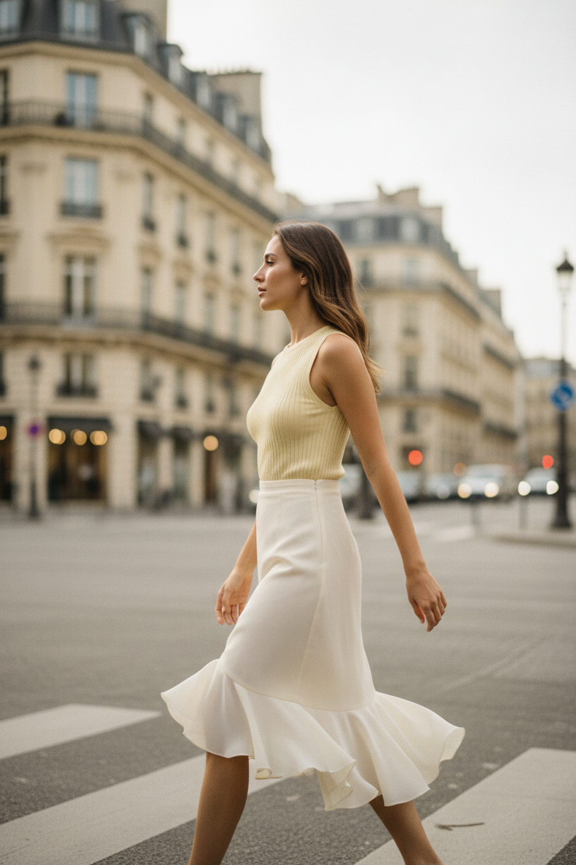 Woman in a yellow top and white skirt walking on a city street.