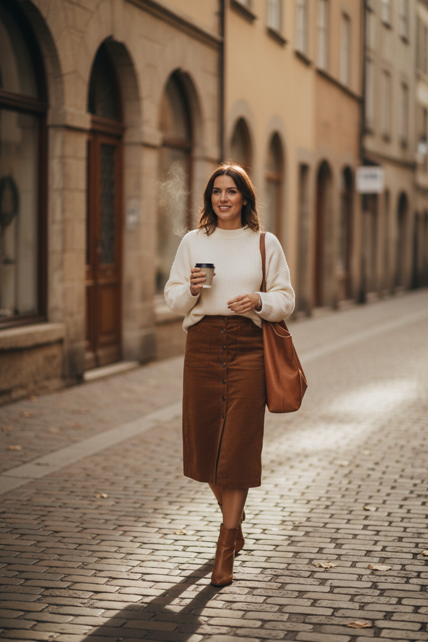Woman walking down a cobblestone street holding a coffee cup.