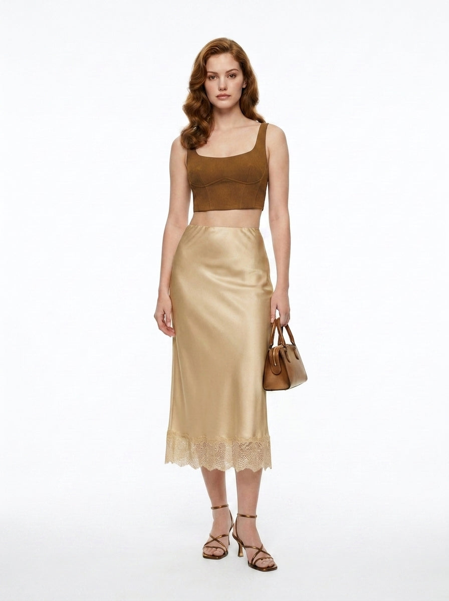 LadyLuxury Elegant Satin Lace Maxi Skirt - Luxury Silk-Feel Long Skirt