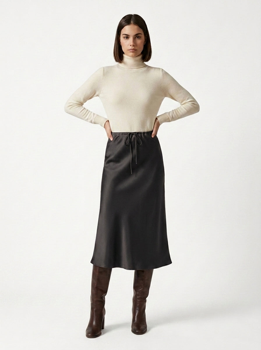 LadyLuxury | Elegant High-Waist Satin Maxi Skirt with Lace - Up Detail