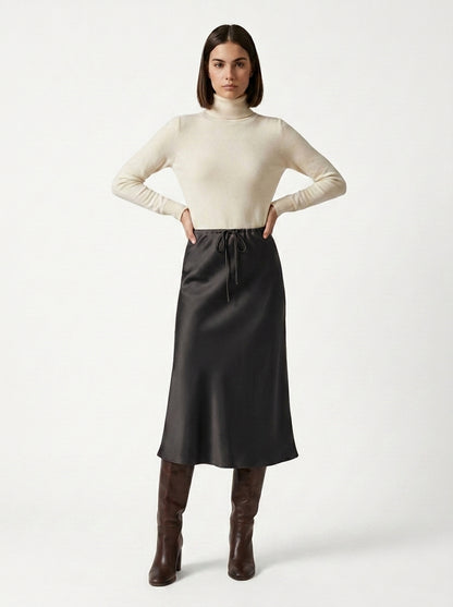 LadyLuxury | Elegant High-Waist Satin Maxi Skirt with Lace - Up Detail