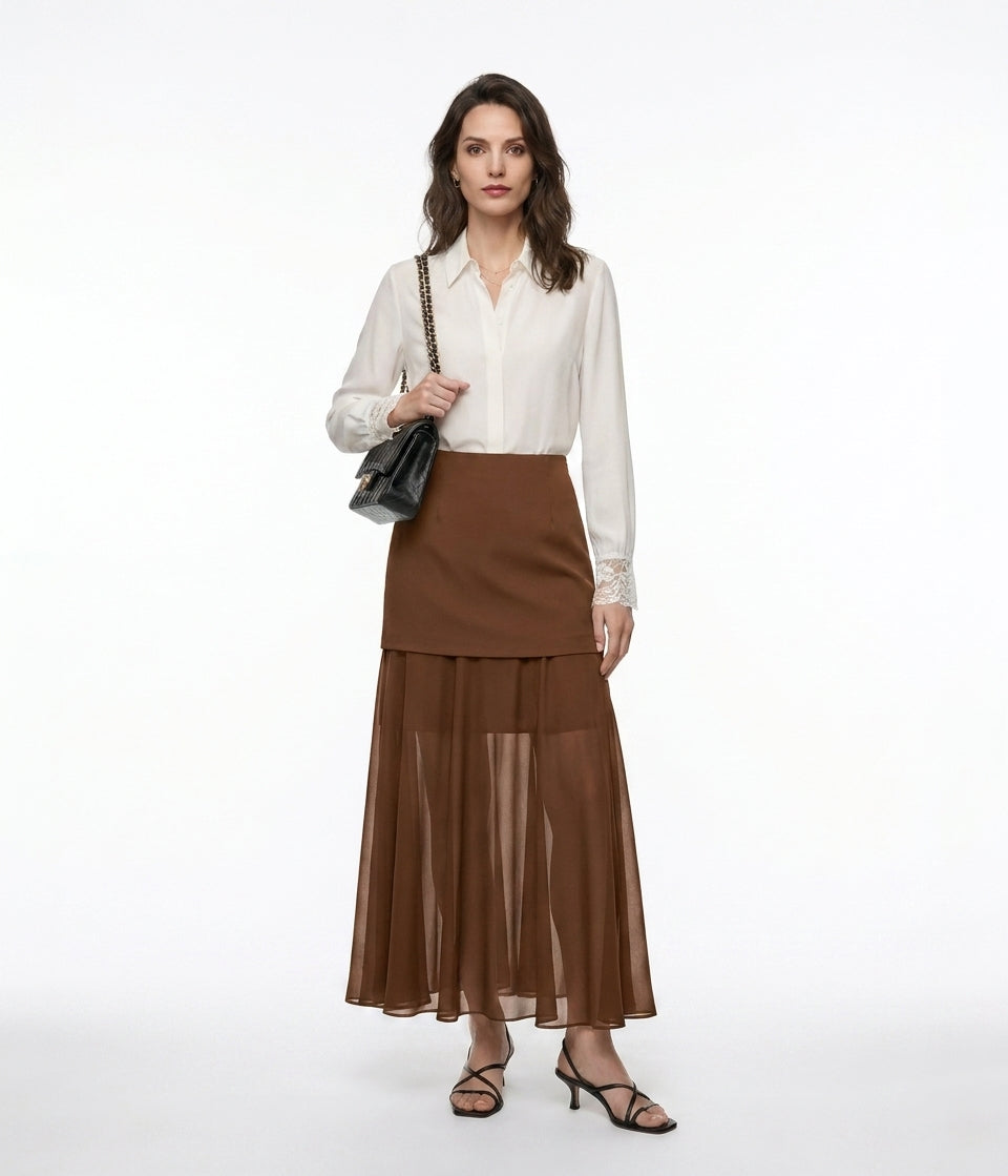 LadyLuxury | Elegant Patchwork Chiffon Long Skirt - Versatile Straight Fit