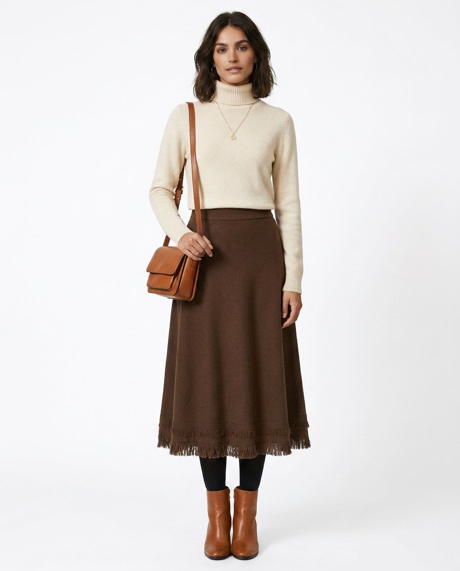 LadyLuxury | Winter Minimalist Knitted A-Line Long Skirt with Tassel Detail