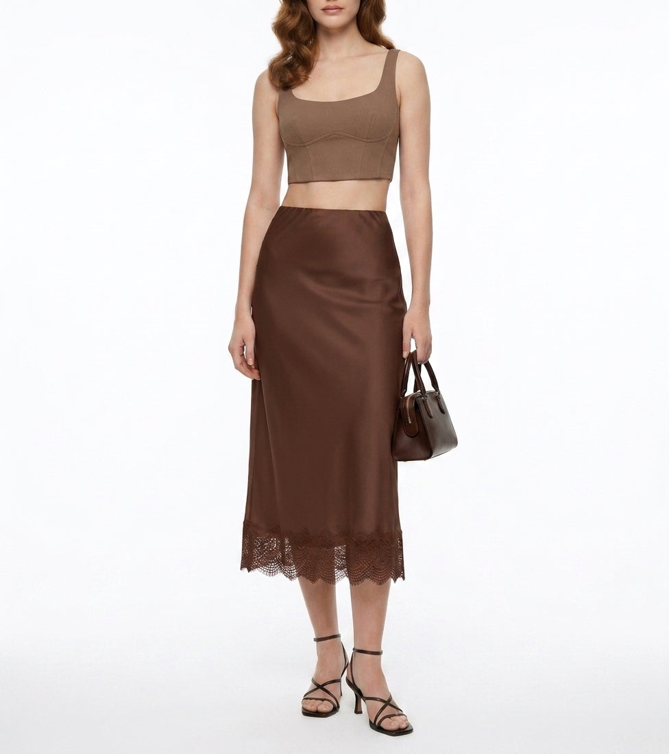 LadyLuxury Elegant Satin Lace Maxi Skirt - Luxury Silk-Feel Long Skirt