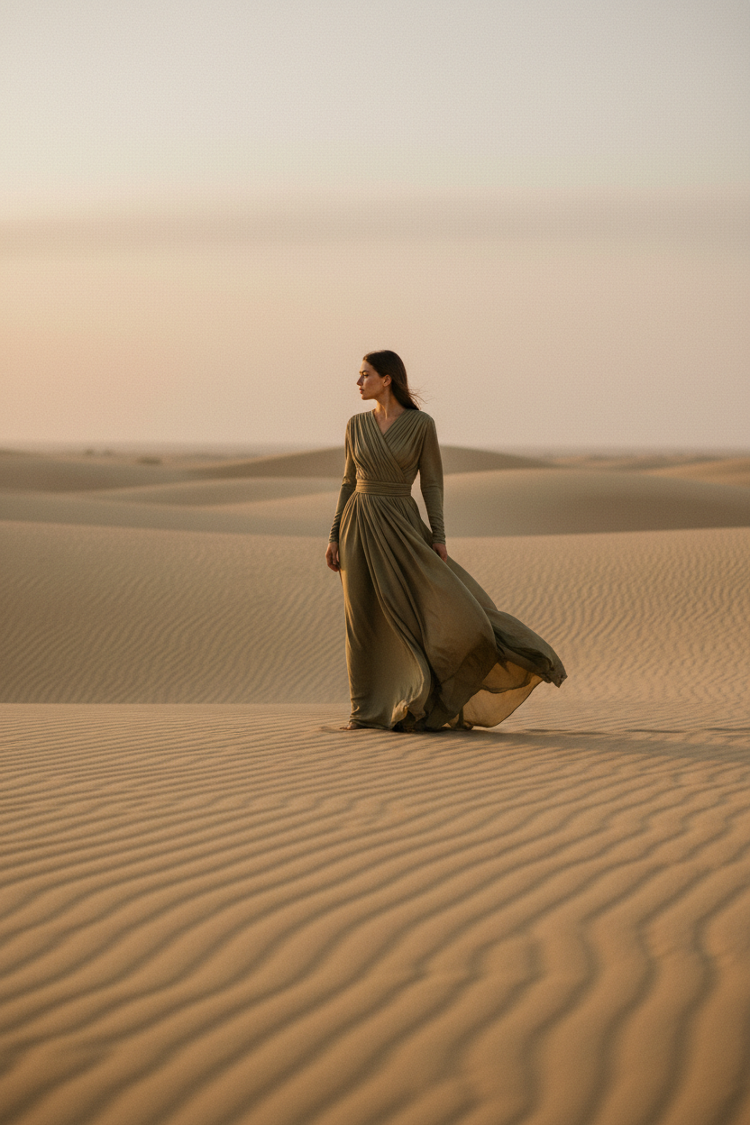 Woman in a long, flowing dress standing on sand dunes with a warm, sunset sky.