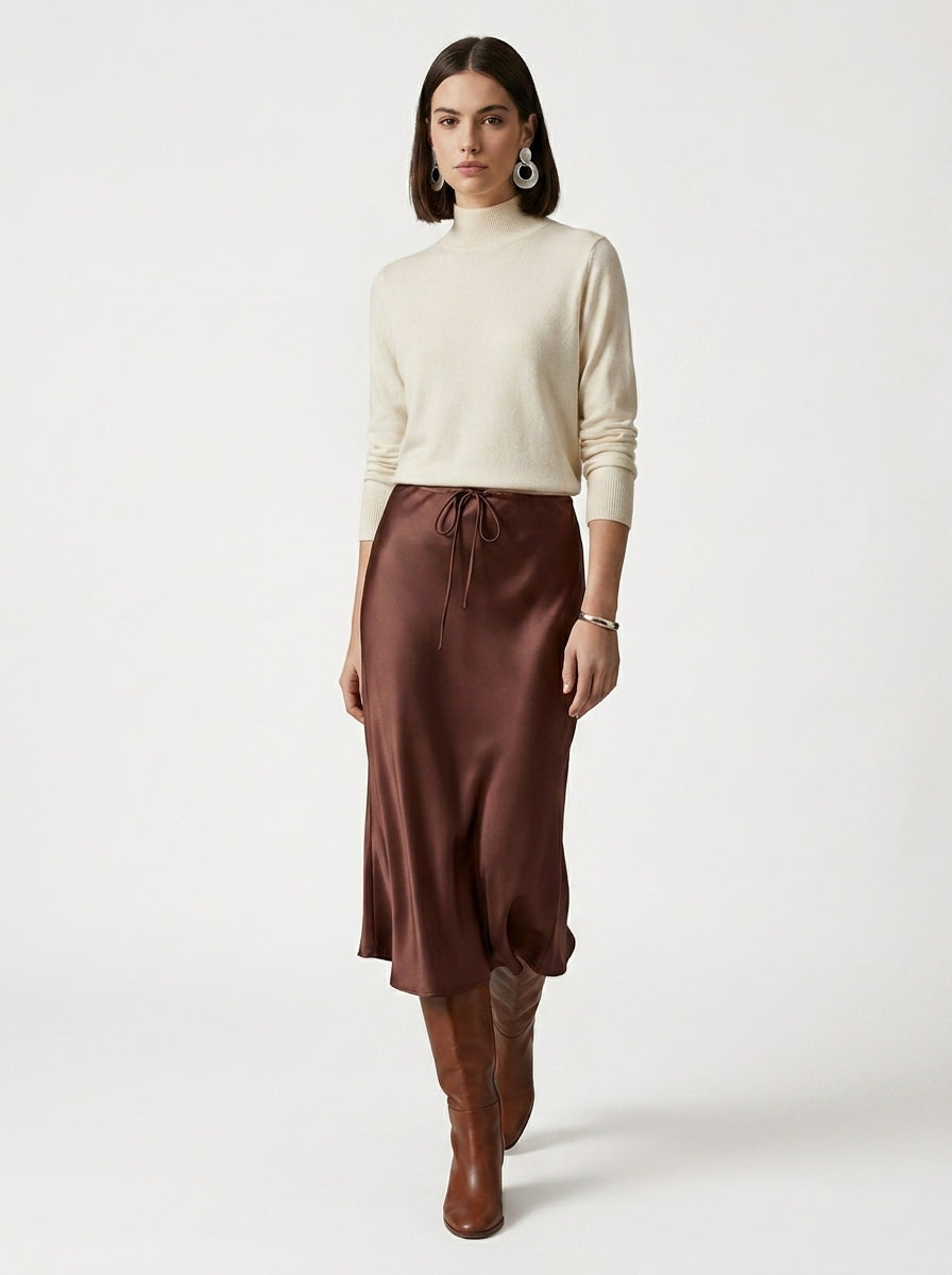 LadyLuxury | Elegant High-Waist Satin Maxi Skirt with Lace - Up Detail