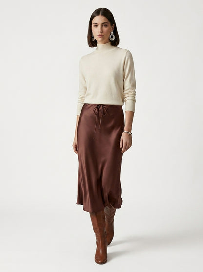 LadyLuxury | Elegant High-Waist Satin Maxi Skirt with Lace - Up Detail