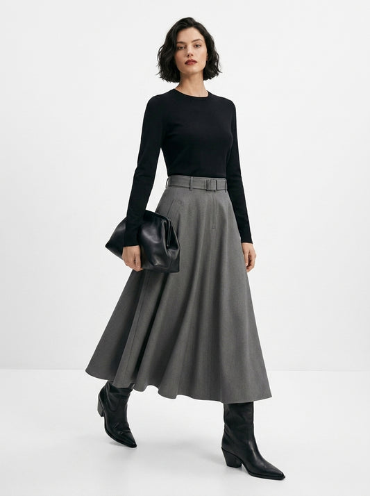 LadyLuxury Minimalist A-Line Midi Skirt - Elegant Autumn Solid Color Loose Fit Skirt