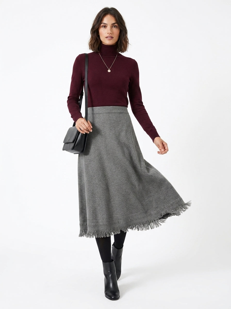 LadyLuxury | Winter Minimalist Knitted A-Line Long Skirt with Tassel Detail
