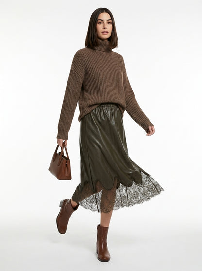 LadyLuxury | Elegant A-Line Midi Skirt with Leather Splicing and Lace Accents