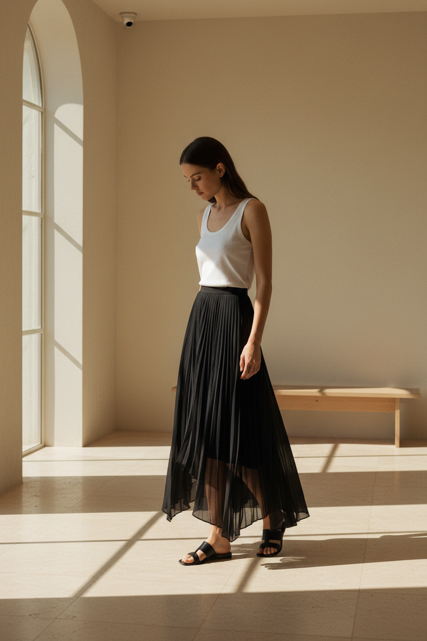 Woman in a white tank top and black skirt standing in a sunlit room with a large window.