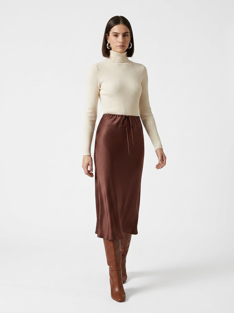 LadyLuxury | Elegant High-Waist Satin Maxi Skirt with Lace - Up Detail