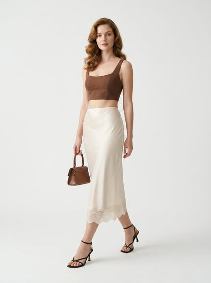 LadyLuxury Elegant Satin Lace Maxi Skirt - Luxury Silk-Feel Long Skirt