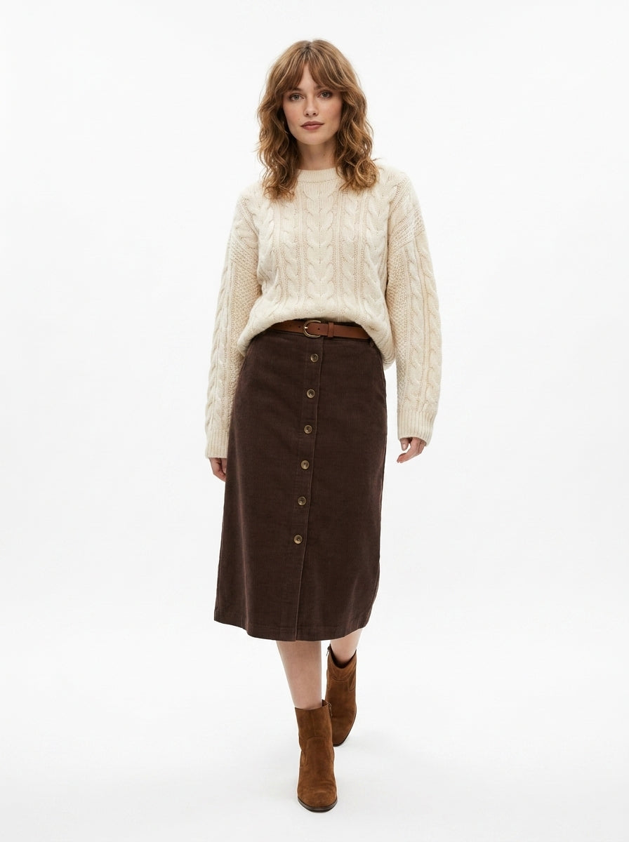LadyLuxury | Elegant Corduroy Straight Cut Midi Skirt