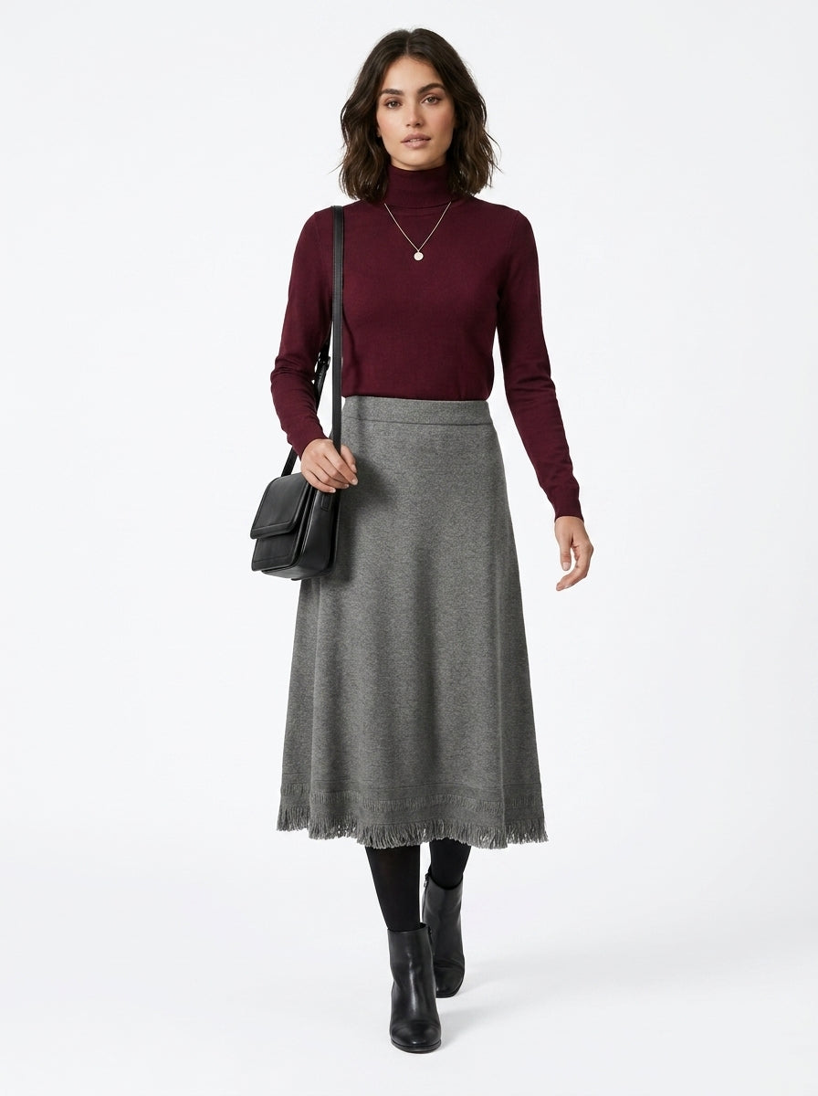 LadyLuxury | Winter Minimalist Knitted A-Line Long Skirt with Tassel Detail