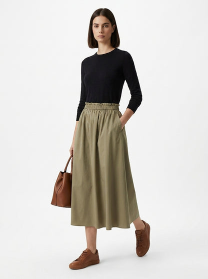 LadyLuxury | Women's Ruffle Hem Midi Skirt - Summer A-Line Casual Elastic Waist Skirt