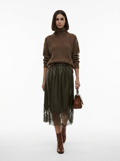 LadyLuxury | Elegant A-Line Midi Skirt with Leather Splicing and Lace Accents
