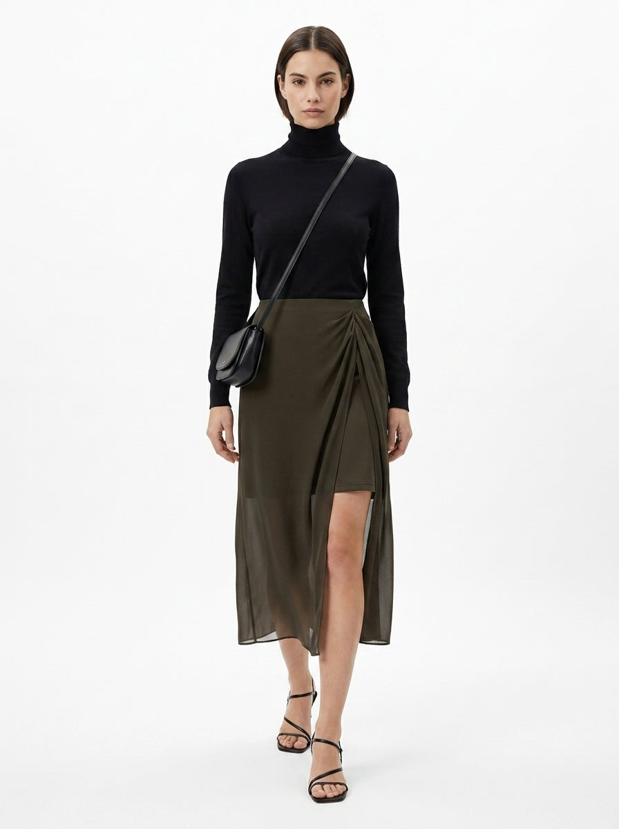 LadyLuxury | Elegant Chiffon Pleated Midi Skirt with Side Slit - Office & Casual Versatile Wear