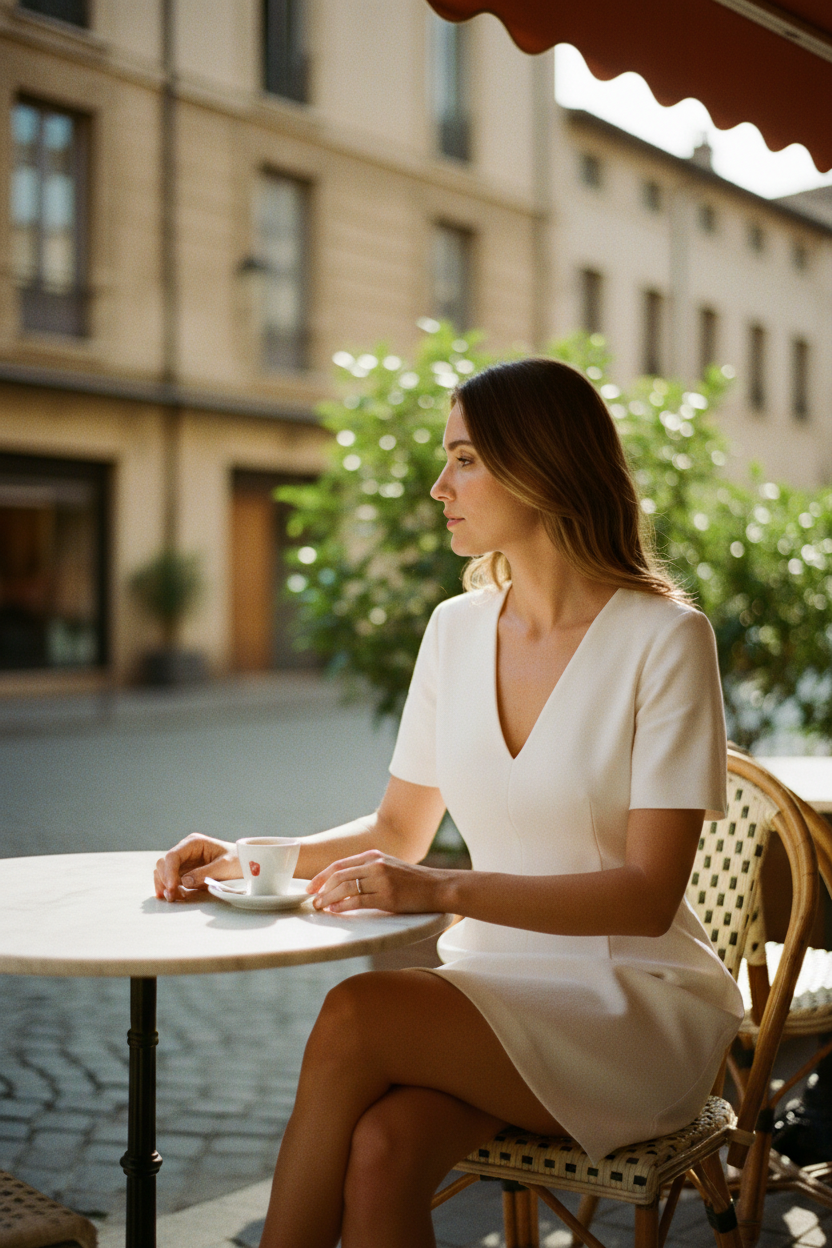Woman in a white dress sitting at an outdoor cafe table.