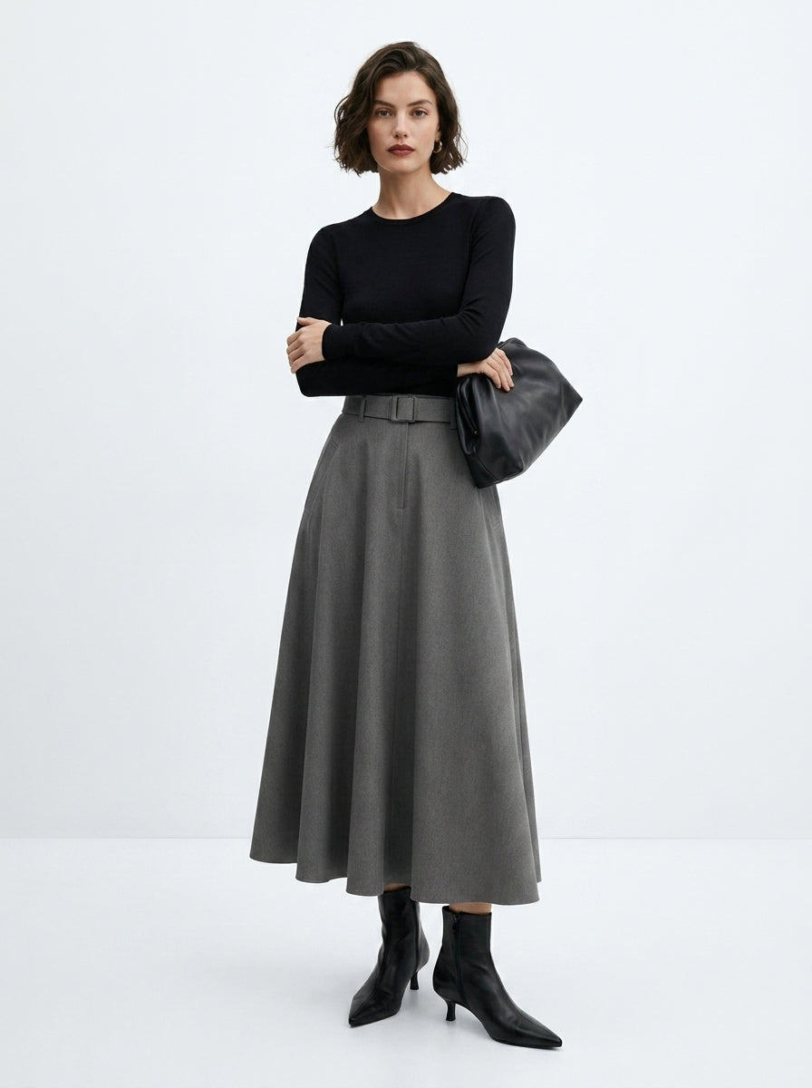 LadyLuxury Minimalist A-Line Midi Skirt - Elegant Autumn Solid Color Loose Fit Skirt