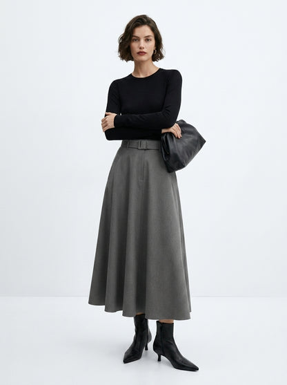 LadyLuxury Minimalist A-Line Midi Skirt - Elegant Autumn Solid Color Loose Fit Skirt