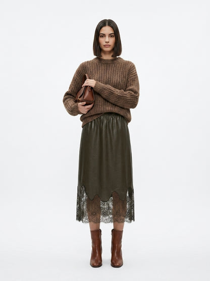 LadyLuxury | Elegant A-Line Midi Skirt with Leather Splicing and Lace Accents