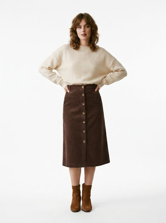 LadyLuxury | Elegant Corduroy Straight Cut Midi Skirt