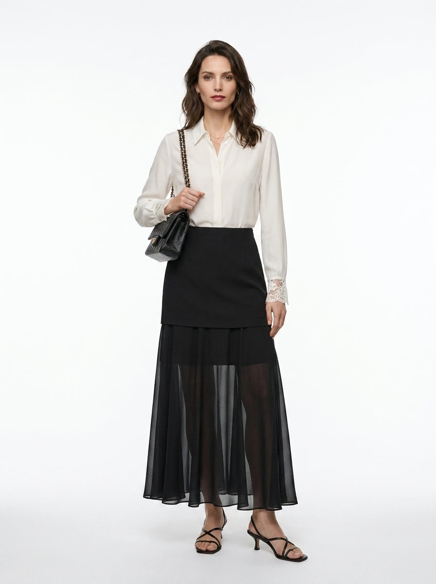 LadyLuxury | Elegant Patchwork Chiffon Long Skirt - Versatile Straight Fit