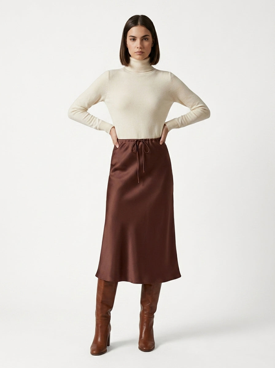 LadyLuxury | Elegant High-Waist Satin Maxi Skirt with Lace - Up Detail