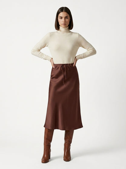 LadyLuxury | Elegant High-Waist Satin Maxi Skirt with Lace - Up Detail