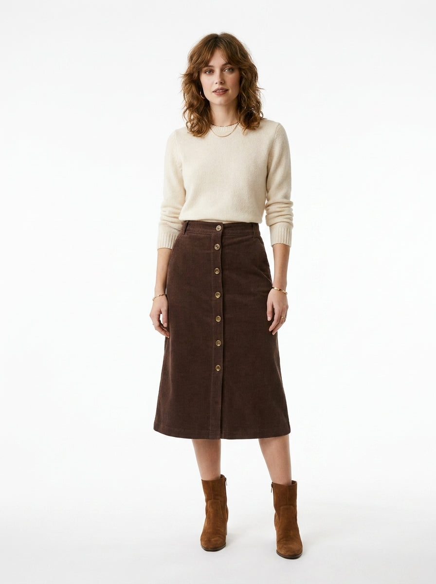 LadyLuxury | Elegant Corduroy Straight Cut Midi Skirt