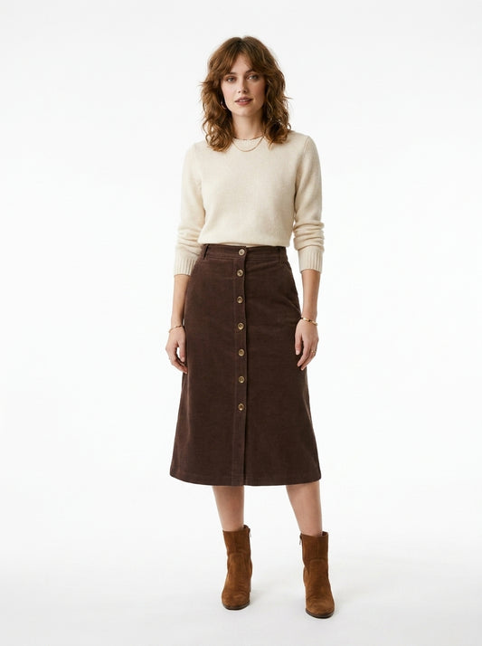 LadyLuxury | Elegant Corduroy Straight Cut Midi Skirt