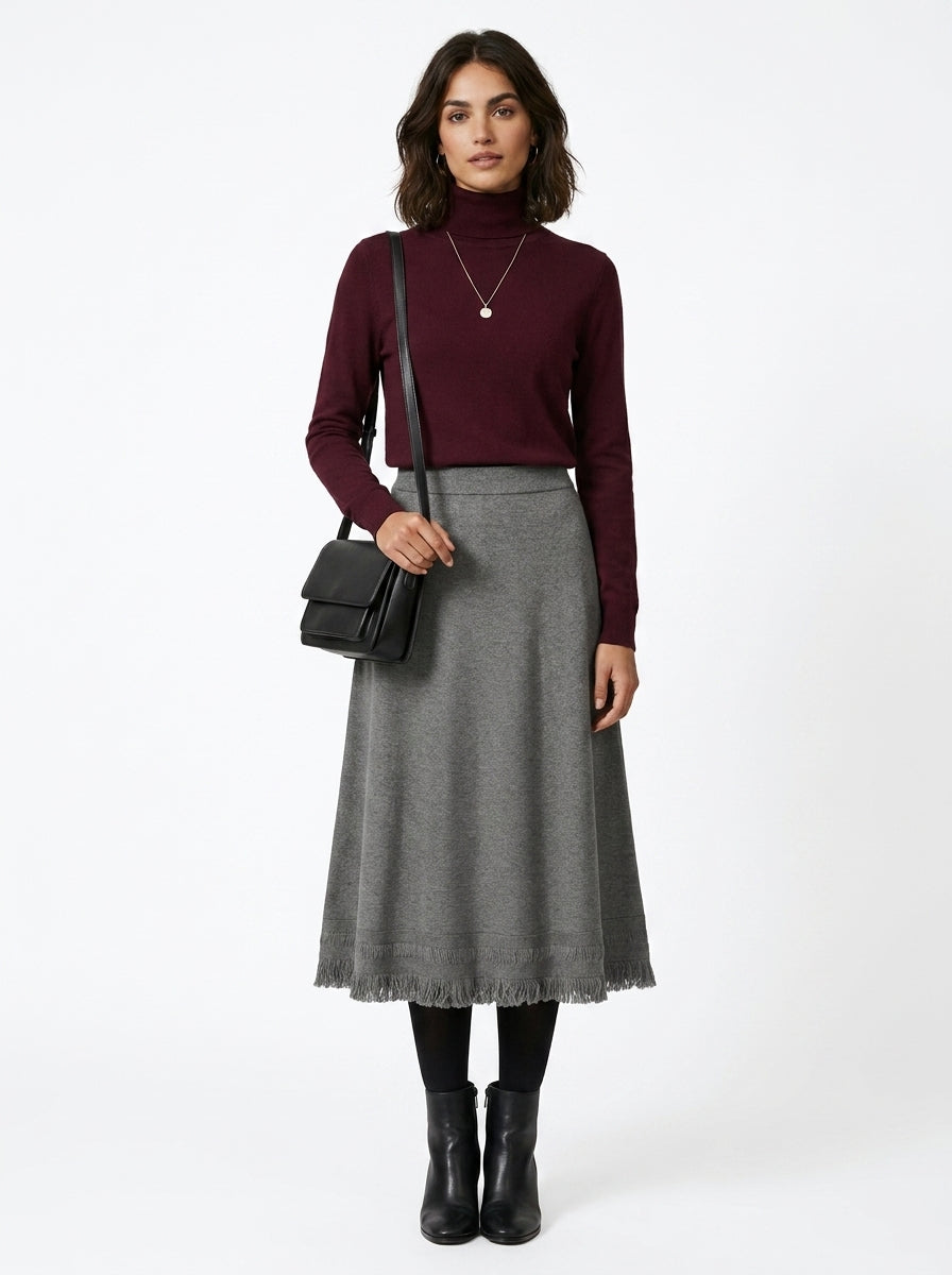 LadyLuxury | Winter Minimalist Knitted A-Line Long Skirt with Tassel Detail