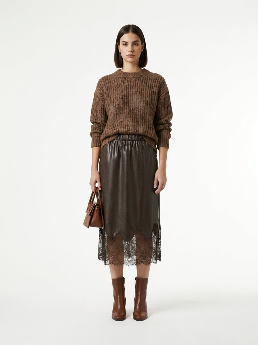 LadyLuxury | Elegant A-Line Midi Skirt with Leather Splicing and Lace Accents