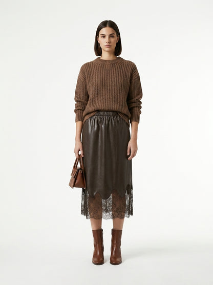 LadyLuxury | Elegant A-Line Midi Skirt with Leather Splicing and Lace Accents