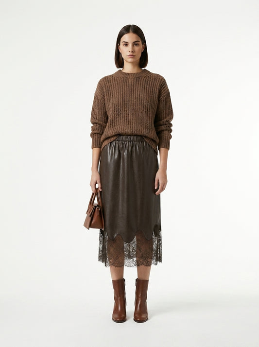 LadyLuxury | Elegant A-Line Midi Skirt with Leather Splicing and Lace Accents