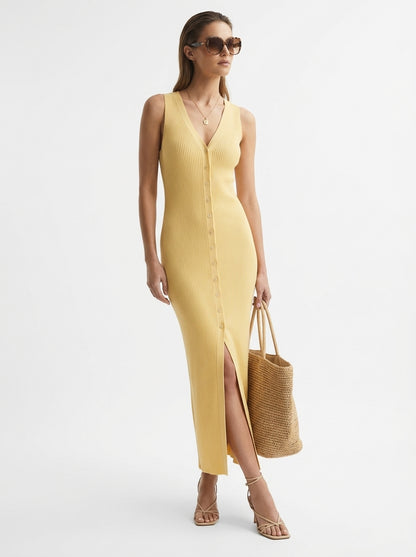 LadyLuxury | V-Neck Ribbed Knit Sleeveless Maxi Dress in Quiet Luxury Style