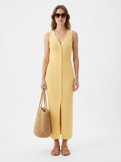 LadyLuxury | V-Neck Ribbed Knit Sleeveless Maxi Dress in Quiet Luxury Style