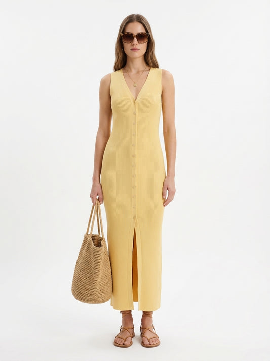 LadyLuxury | V-Neck Ribbed Knit Sleeveless Maxi Dress in Quiet Luxury Style