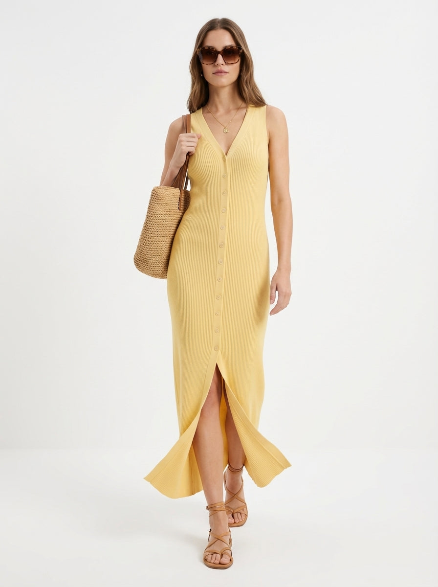 LadyLuxury | V-Neck Ribbed Knit Sleeveless Maxi Dress in Quiet Luxury Style