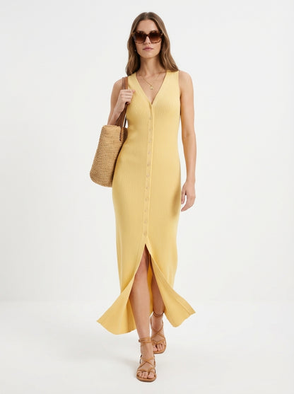 LadyLuxury | V-Neck Ribbed Knit Sleeveless Maxi Dress in Quiet Luxury Style