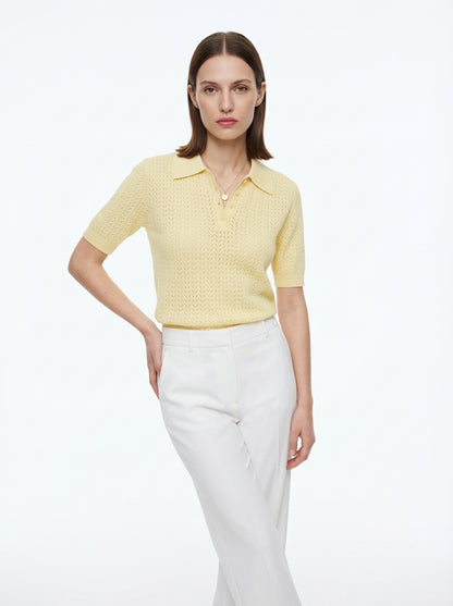 LadyLuxury | Pointelle Knit Polo - Short Sleeve Cotton-Blend Summer Sweater