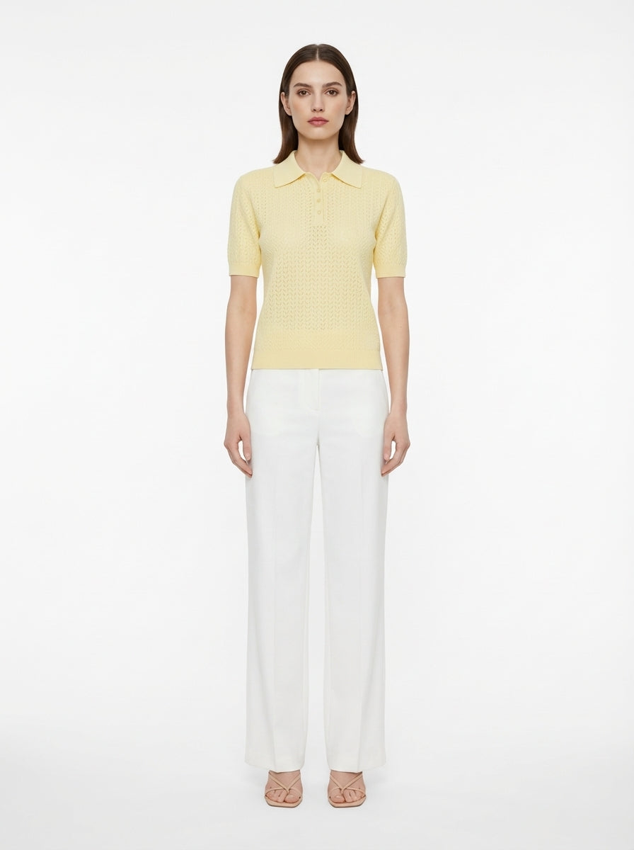 LadyLuxury | Pointelle Knit Polo - Short Sleeve Cotton-Blend Summer Sweater