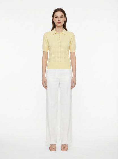 LadyLuxury | Pointelle Knit Polo - Short Sleeve Cotton-Blend Summer Sweater