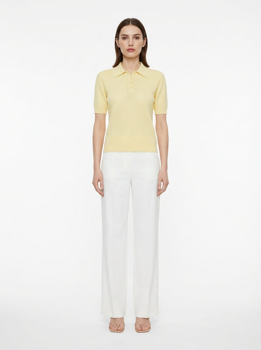LadyLuxury | Pointelle Knit Polo - Short Sleeve Cotton-Blend Summer Sweater