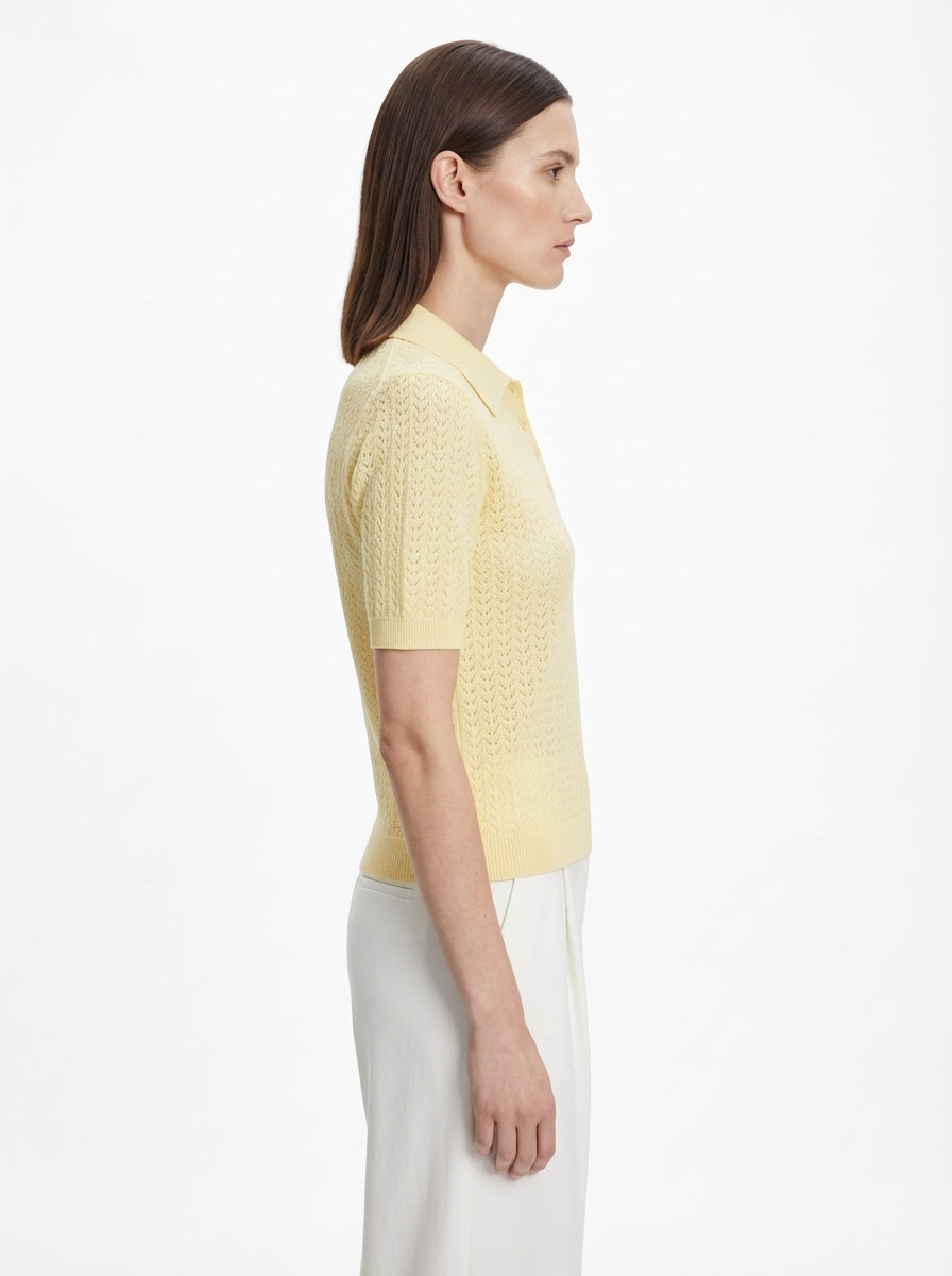 LadyLuxury | Pointelle Knit Polo - Short Sleeve Cotton-Blend Summer Sweater