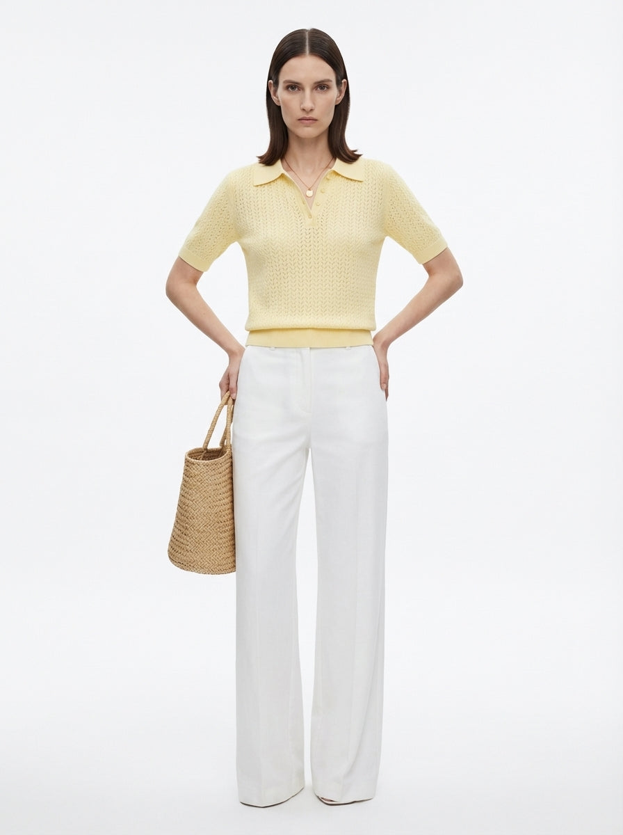 LadyLuxury | Pointelle Knit Polo - Short Sleeve Cotton-Blend Summer Sweater